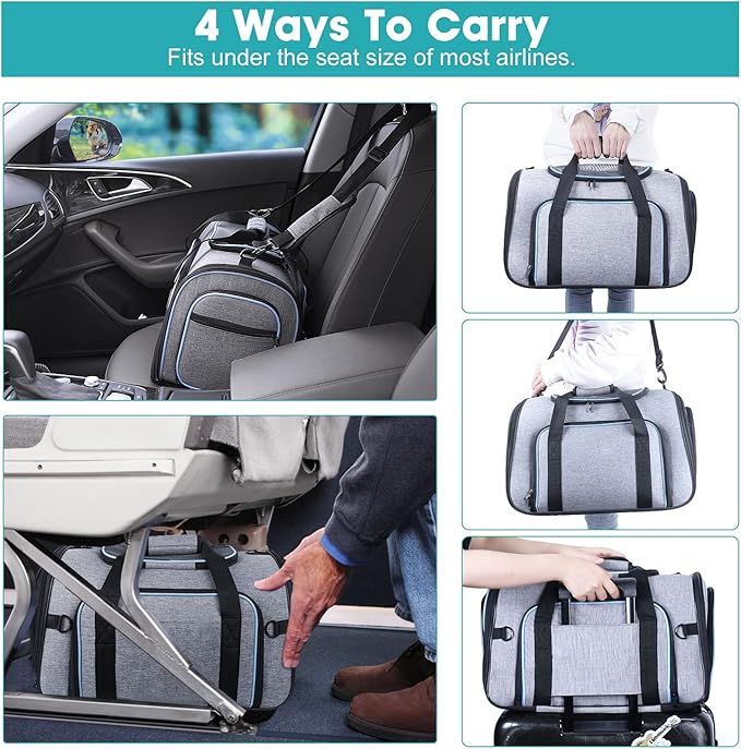 Siivton 4 Sides Expandable Pet Carrier, Airline Approved Soft-Sided Dog Cat Carrier Bag with Fleece Pad for Cats, Puppy and Small Animals (4 Extension Gray_Blue, L:18.0" L x 11.0" W x 11.0" H)