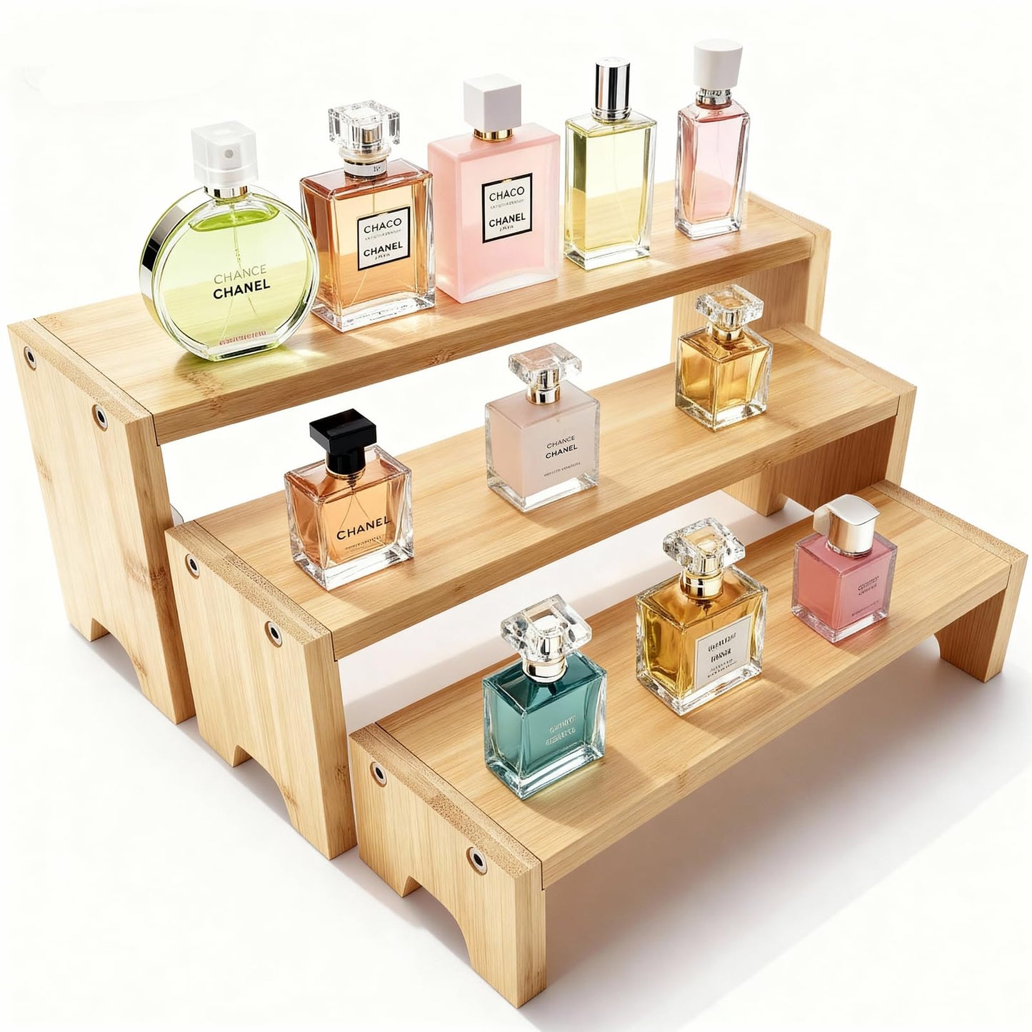 3 Tier Natural Bamboo Display Stand Risers, Exquisite Bamboo Organizer Stand for Cupcake, Perfume, Cologne, Figurine, Spice, Candle, Suitable for Table Display, Kitchen, Retail, Home Decor, Easy Installation