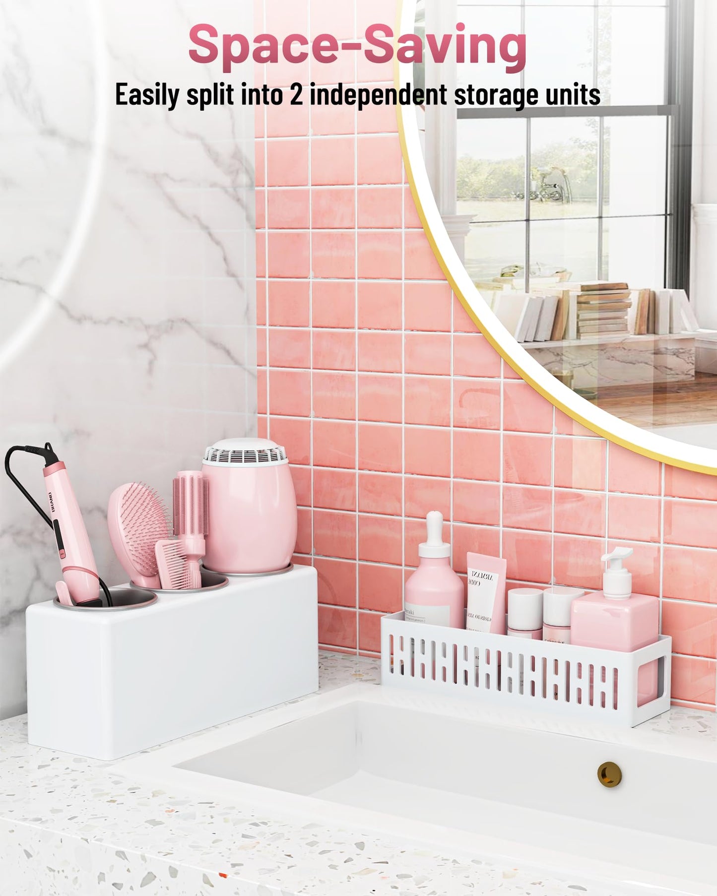 LATTYSY Hair Tool Organizer, Detachable Hair Dryer Holder with 3 Stainless Steel Cups, Wall Mounted Bathroom Organizers and Storage for Accessories, Curling Irons, Straighteners, Toiletries, Makeup