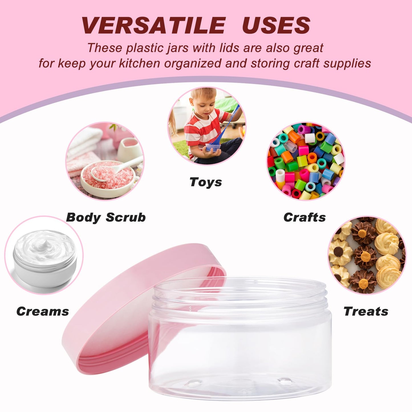 Dandat 24 Pcs 10 oz Plastic Jar Container with Pink Lid and Label Refillable Empty Round Clear PET Cosmetic Sample Slime Containers for Lotion, Cream, Ointments, Body Butter, Makeup, Travel Storage