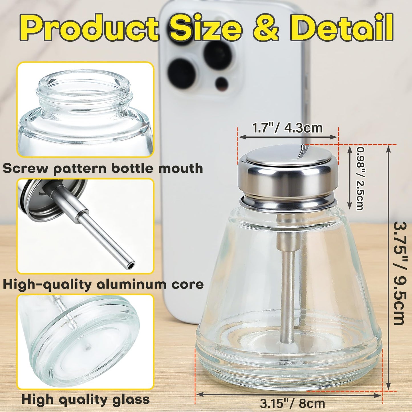 2 PCS 6Oz / 180ml Glass Acetone Pump Dispenser, Cone Alcohol Dispenser Push Down Nail Bottle Pump for Makeup, Acetone Bottle Dispenser for Nail Polish Remover Push Down Pump Dispenser w/Flip Top Cap