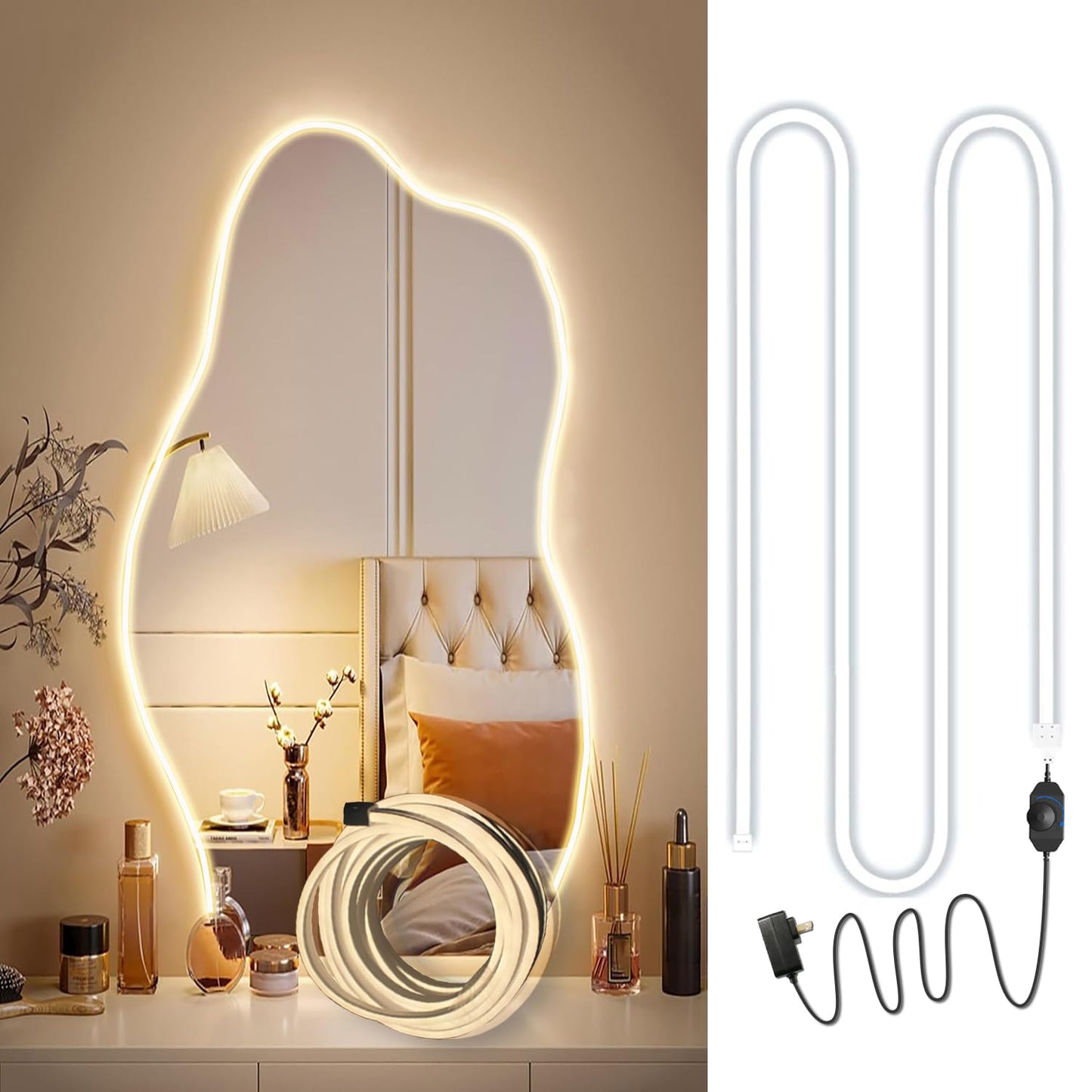 LED Vanity Mirror Lights 16.4FT, Strong Adhesive Dimmable Silicone Strip Lights for Mirror, Waterproof Eye-Care Warm White 3000K Flexible Lighting for Bedroom Bathroom (Mirror NOT Included)