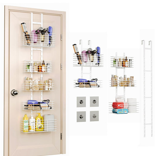 Yuyetuyo 5-Tier Over The Door Organizer Bathroom Shelves Hair Tool Organizer - Hair Dryer Holder Adjustable Height, DIY Bathroom Storage Shelf Wall Mounted Behind The Door Storage