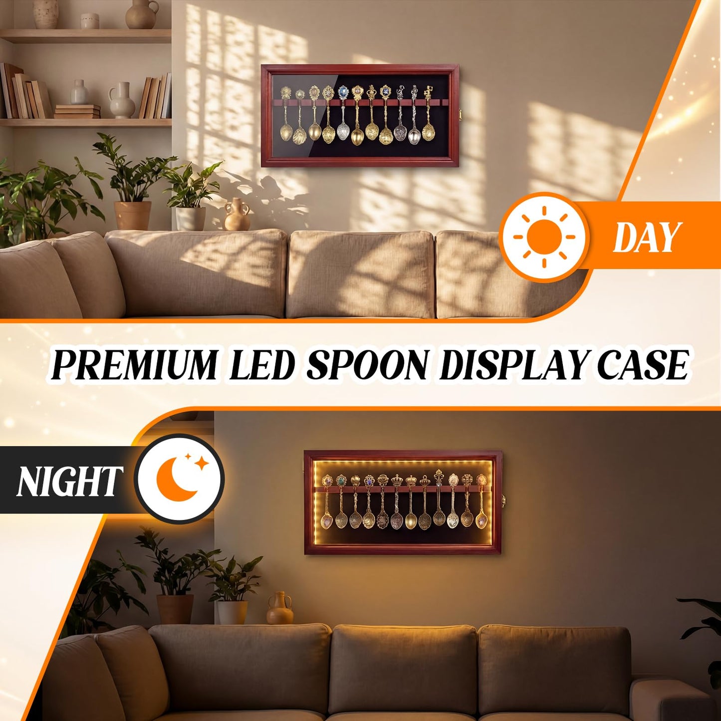 Sliner Decorative Spoon Rack Display Case Hold 12 Spoons with LED Lights Lockable Wall Mount Holder Organizer for Collection, Cherry Wood