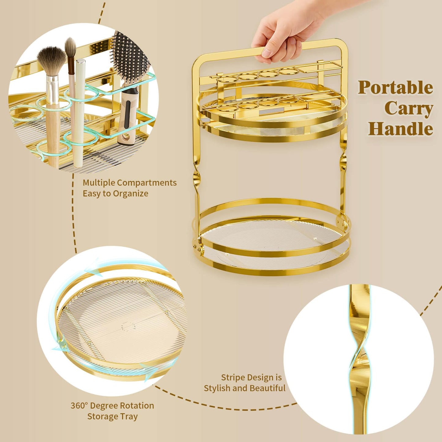 DUANFEE 360° Rotating Makeup Organizer, 2-Tier Gold Perfume Organizer for Dresser, Bathroom Organizer Countertop, Lazy Susan Spinning Perfume Stand Vanity Skincare Storage with Makeup Brush Holder
