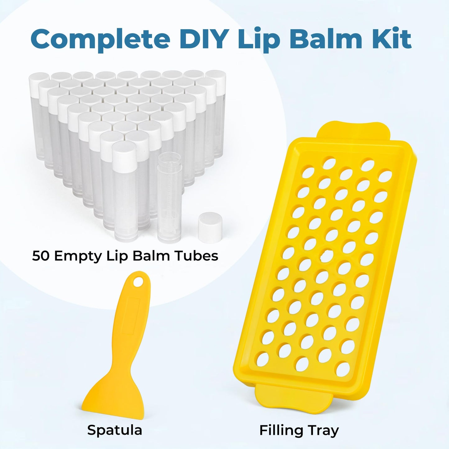 LotFancy Lip Balm Tubes Kit with Filling Tray & Spatula, 50 Pcs 5.5ml (3/16 oz) Clear Empty Lip Balm Containers with White Caps, BPA-Free, Leak-Resistant