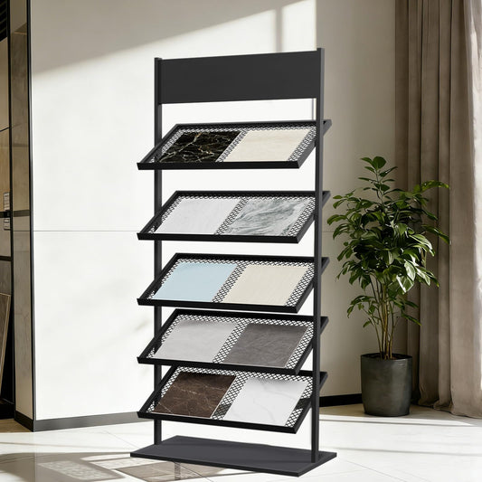 CDDUOLA 5-tier Floor Tile Display Stand, Retail Display Rack for Tile, Building Material Swatch Sample Storage Holder for Exhibition Hall Trade Show Vendor Events(Black, Height-59in)