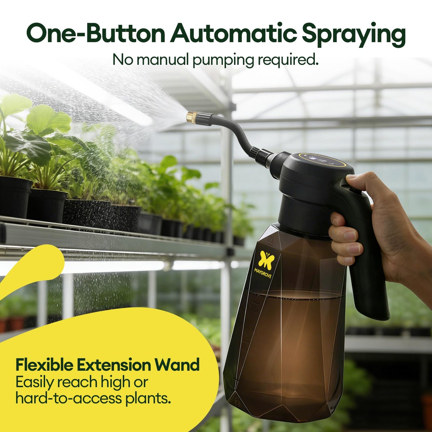 MAYGROVE Battery Powered Sprayer 0.5 Gallon, Electric Spray Bottle – Up to 7.5 Hours Long Battery Life with Fast Charging, Automatic Garden Sprayer with Adjustable Pressure, Semi-Transparent Tank
