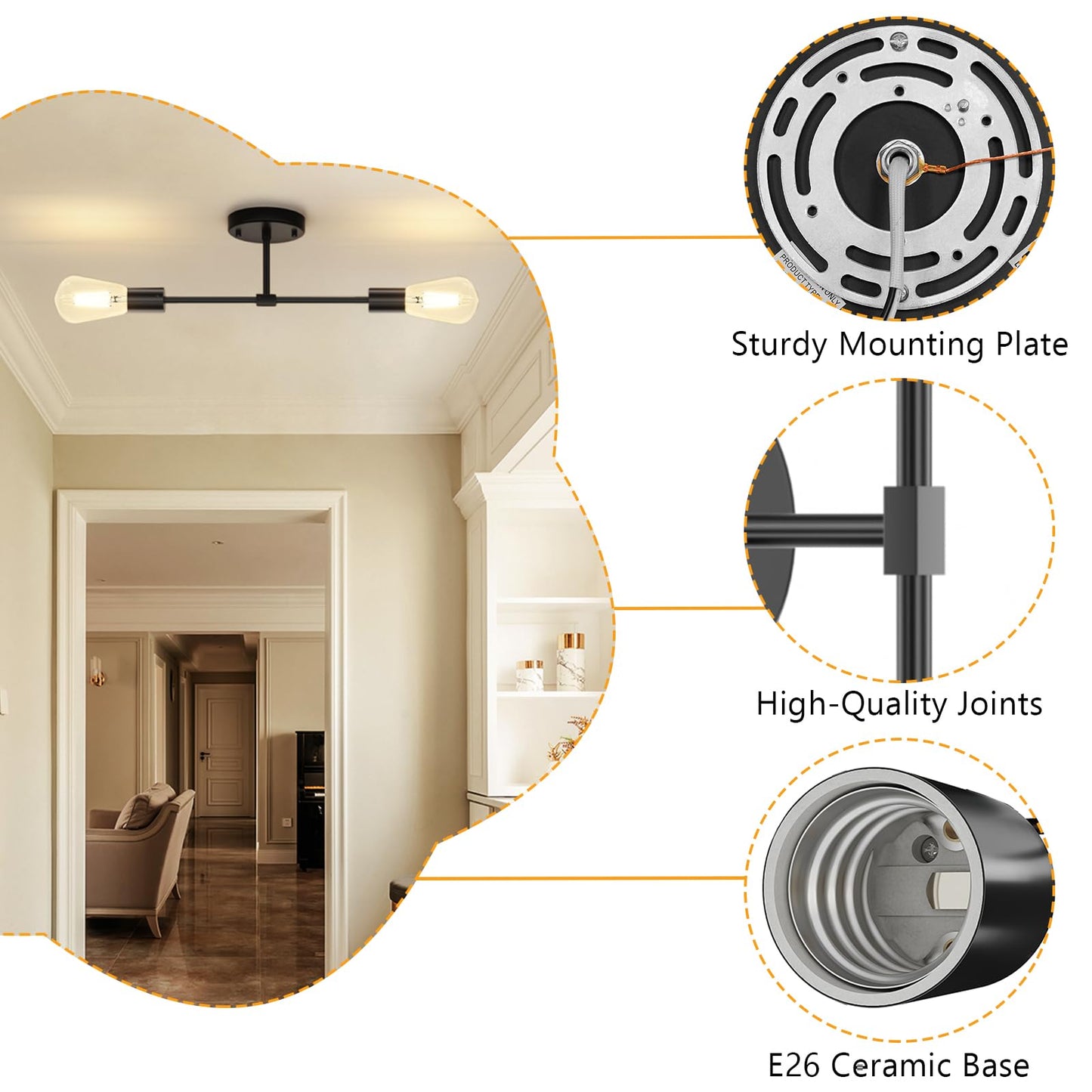 FadimiKoo 2-Light Black Bathroom Lighting Over Mirror, Modern Sconces Wall Light Fixtures, Indoor Semi Flush Mount Ceiling Light for Hallway Bedroom Kitchen (1 Pack)