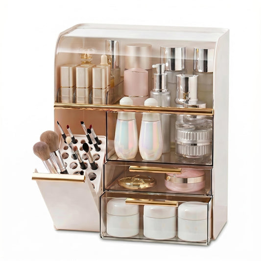 Large Cosmetic Display Case with Brush Holder,Holds 40+ Skincare & Beauty Essentials,6 Compartments & 2Drawers,Acrylic Makeup Dustproof Transparent Design