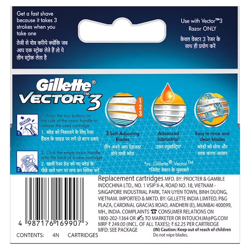 Gillette Vector 3 Manual Shaving Razor Blades for men (Pack of 4 cartridges)