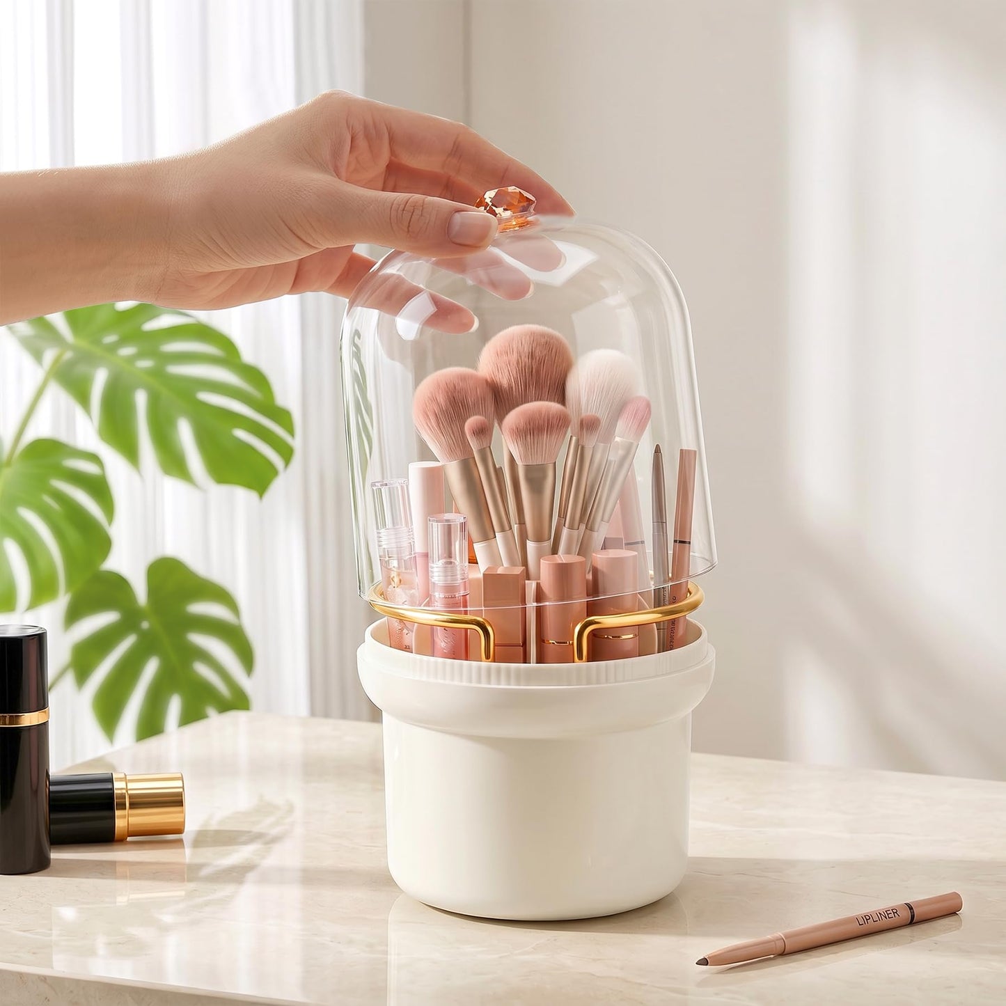 Makeup Brush Holder, 360° Rotating Cosmetic Display Cases with Clear Lid, Bathroom Countertop Organizer for Vanity, Waterproof Toothbrush Holders for Make Up Brushes, Toothpaste, Lip Gloss (Cream)