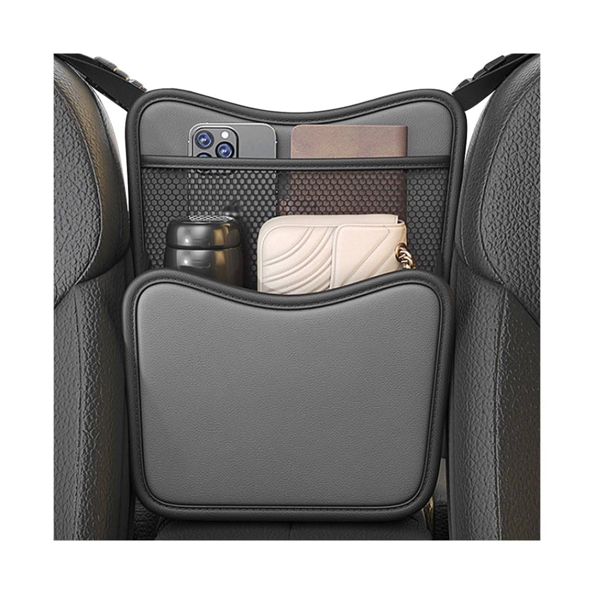 MTRPS Car Purse Holder Between Seats, Nappa Leather Front Seat Storage Bag with Tissue Holder, Large Capacity Automotive Console Organizer for Document Phone Wallet, Car Accessories (Gray)