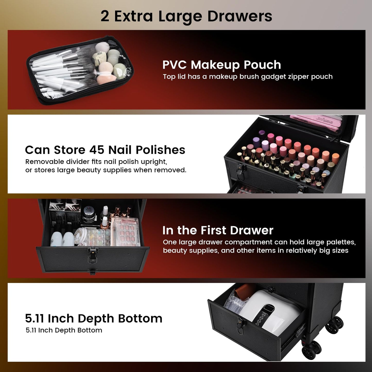 Professional 3 in 1 Rolling Makeup Case Cosmetology Case on Wheels 2 Large Drawer Nail Case Trolley Traveling Cosmetic Train Case with Makeup Pouch for Artists Nail Technician Salon Cart Trunk Black
