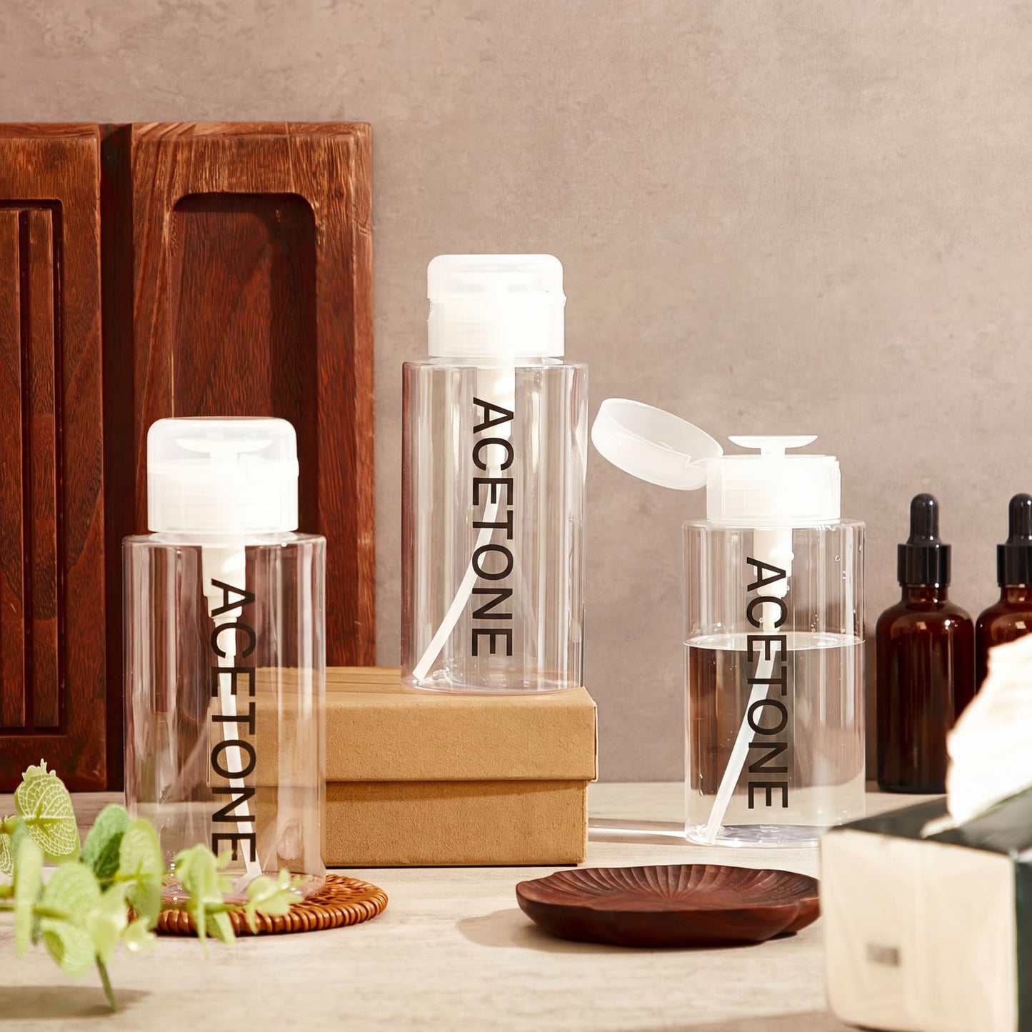 Layhit 3 Pcs 10 oz Acetone Pump Dispenser Bottle Aceone Push Down Liquid Dispenser Empty Pumping Bottle Refillable Cosmetic Container for Personal, Salon, Nail Care, Hospital Use