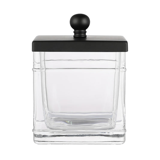 Indecor Home Clear Transparent Hotel Style Apothecary Tempered Glass Canister Jar W/ Matte Black Metal Lid Cover, Classic Countertop Organizer for Cotton balls/pads, Floss Picks, Makeup Storage