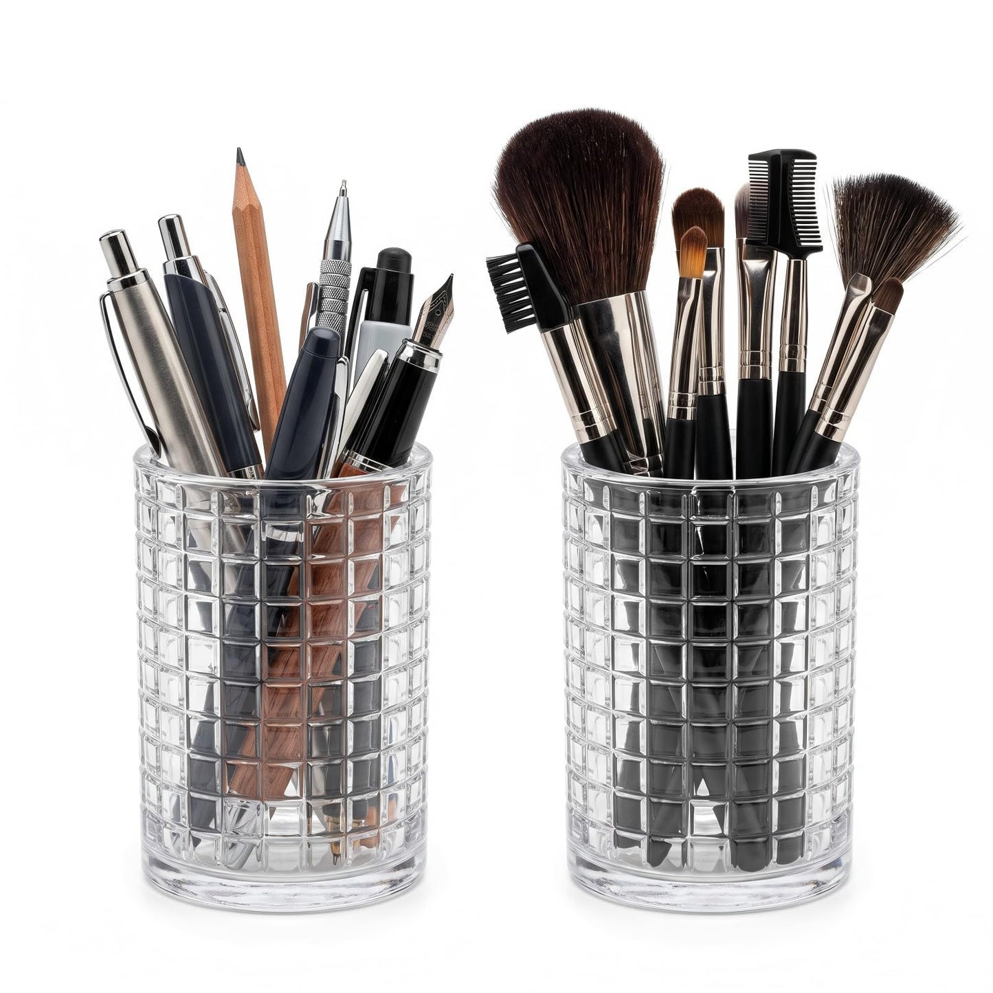Makeup Brush Holder Organizer, Grid Pattern Glass Storage Box Container, Multifunctional Toothbrush Desk Pen Pencil Holder for Crystal Home Decor, Table Centerpiece, Wedding, Party(Clear 2 Pack)