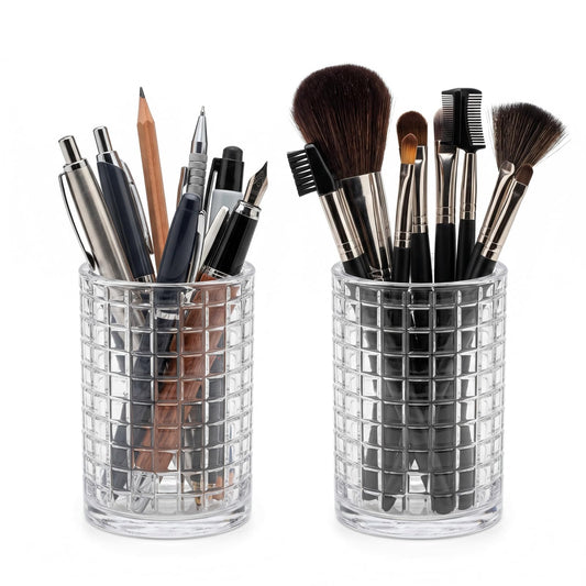 Makeup Brush Holder Organizer, Grid Pattern Glass Storage Box Container, Multifunctional Toothbrush Desk Pen Pencil Holder for Crystal Home Decor, Table Centerpiece, Wedding, Party(Clear 2 Pack)