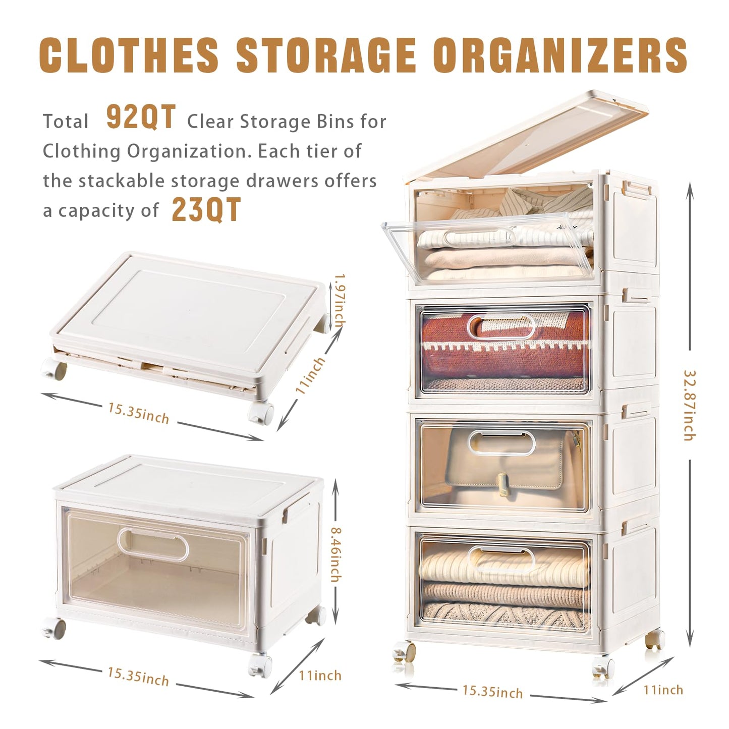 Freebat 4-Tier Stackable Storage Bins with Lid, 23QT Storage Containers,Clear Foldable Plastic Drawer Storage on Wheels,Closet Organizers and Storage for Living Room,Bedroom,Office,Dorm
