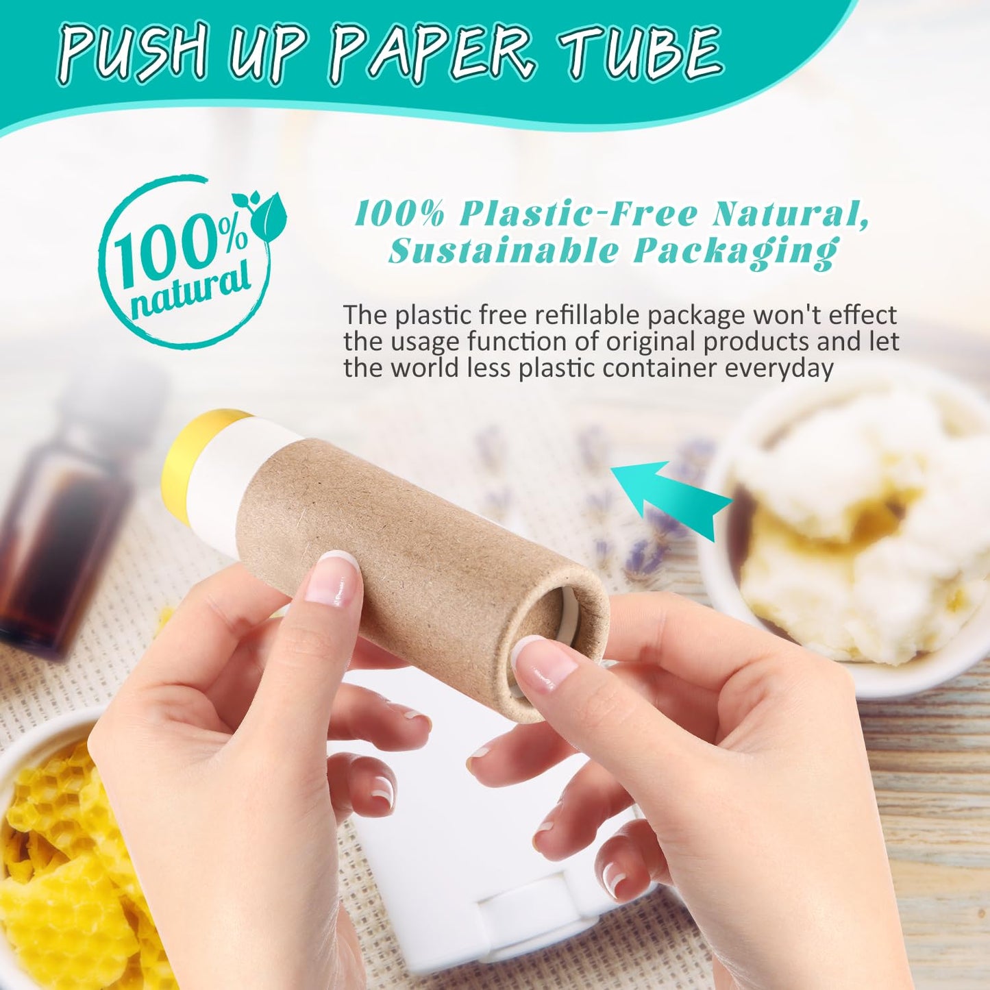 DMuuuDM 50 Pcs 0.3 oz Paperboard Lip Balm Tube,Empty Kraft Paper Chapstick Tube Holder,Push-Up Style Biodegradable Solid Perfume Lip Gloss Container for Lip Balm,Natural Compostable Container - Brown