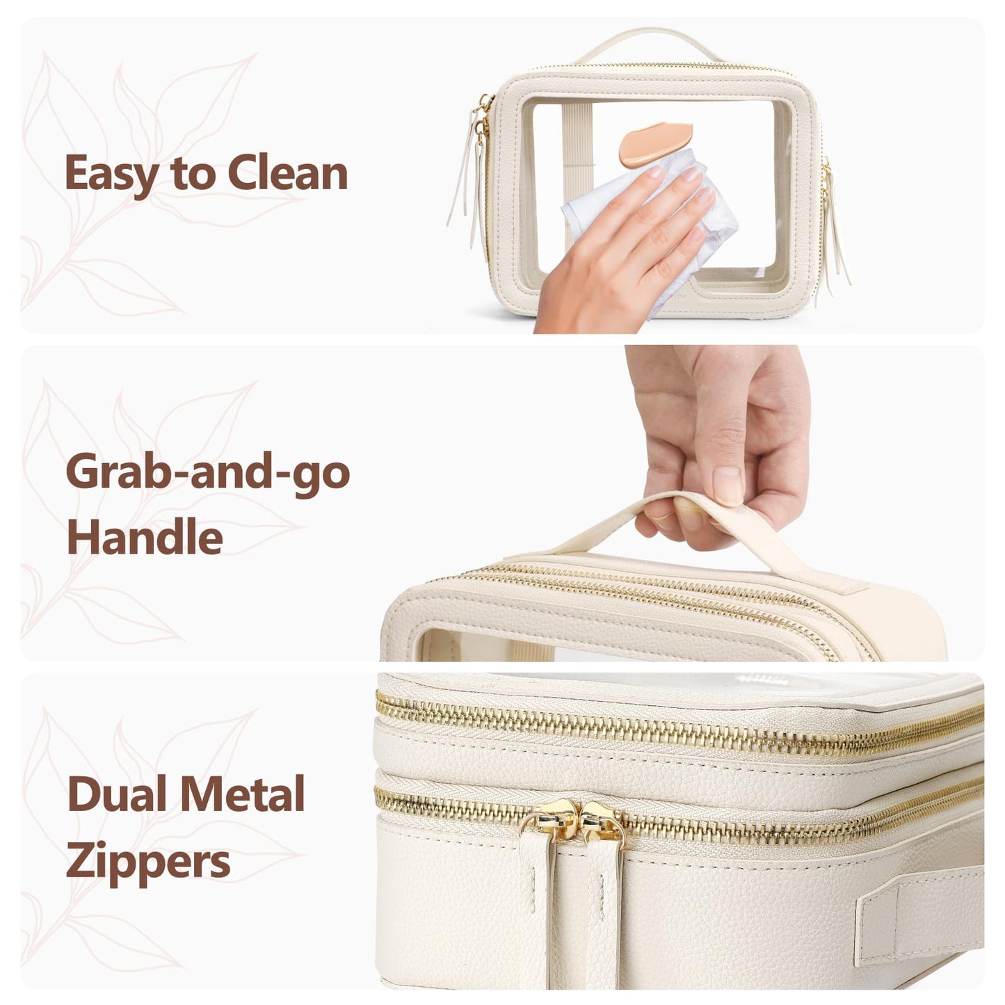 PACKISM Double Layer Clear Makeup Bag - Pebbled Texture & Hard PU Leather Car Bag Organizer for Car Essentials, with Message Card Travel Cosmetic Bag for Women Gift (Cream 2 Layer)