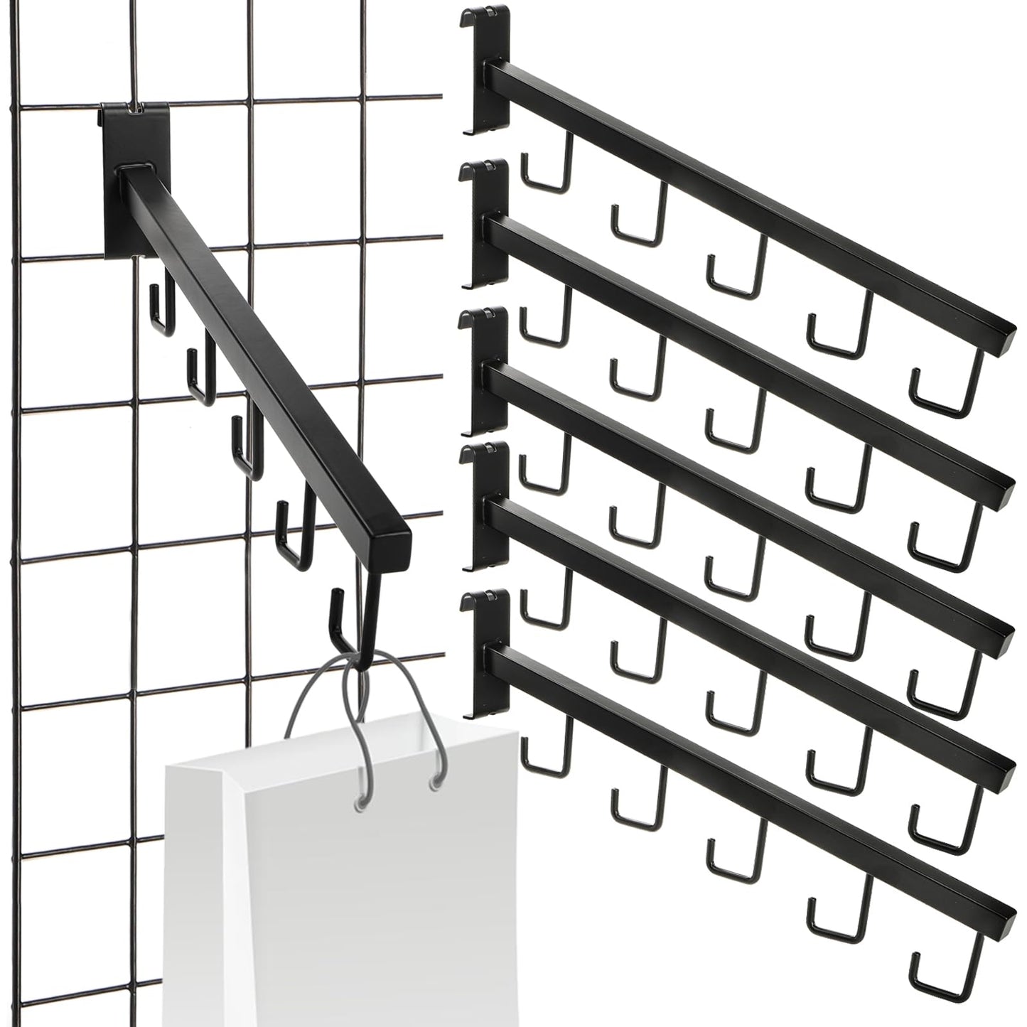 WRINGKIT 6 Pack Gridwall Waterfall Faceout with 5 Hooks, 16.5 Inch Gridwall Waterfall Hangers, Square Straight Arm Hooks for Wire Grid Retail Clothing Display, Grid Wall Accessories