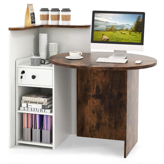 CHEFJOY Reception Desk, Retail Checkout Counter w/Lockable Drawer & Open Shelves, Computer Workstation, Small Front Desk Reception Counter for Company Lobby Store Salon Office (Rustic Brown & White)