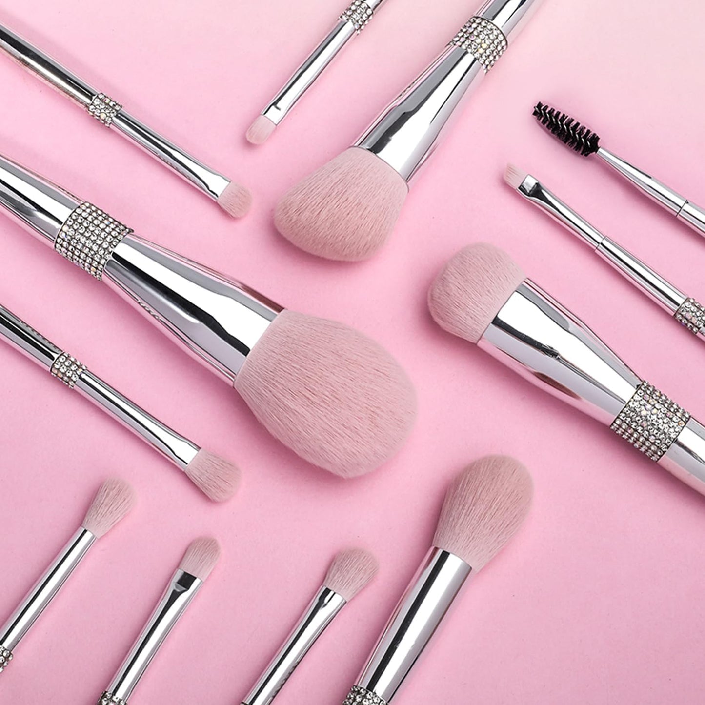 Silver Glitter 11PCS Makeup Brush Set Crystal Cosmetic Make Up Brush Kit with Gift Box, Soft Vegan Synthetic Hair for Foundation, Powder, Eyeshadow, Eyebrow & Lip for Girl