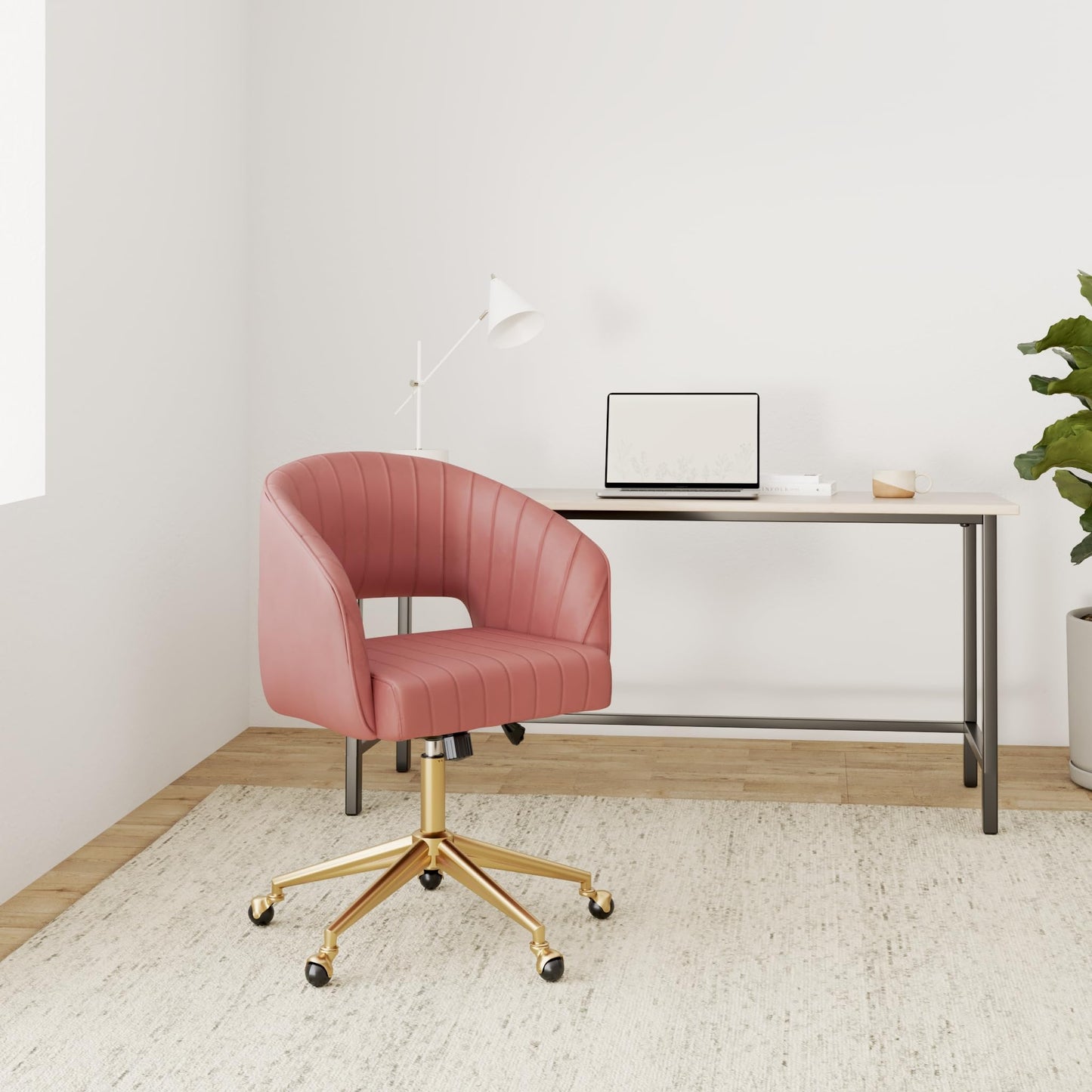 Nrizc Velvet Home Office & Living Room Desk Chairs with Adjustable Swivel Wheels, Ergonomic Upholstered Office Chair for Bedroom, Vanity Study (Rose)