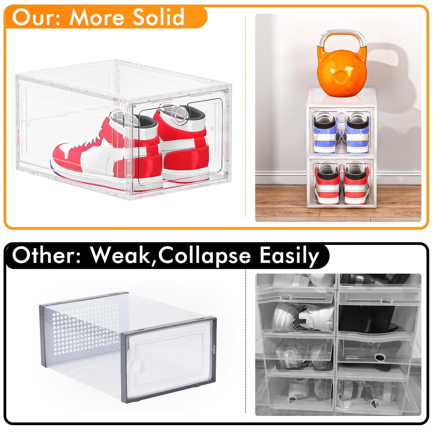 ARSTPEOE 12 Pack Upgrade Harder Shoe Organizer, Shoe Storage with Magnetic Front Door, Clear Shoe Boxes Foldable Space-Saving Shoe Rack for Sneaker Boot Container, White