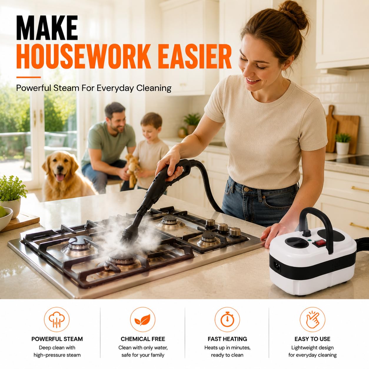 VERIBURRASCAN Pressurized Handheld Steam Cleaner, 221°F High-Temp Steamer for Deep Cleaning, Chemical-Free for Pets & Kids, 10-Piece Accessory Kit for Car, Couch, Grout, Tile & Floor