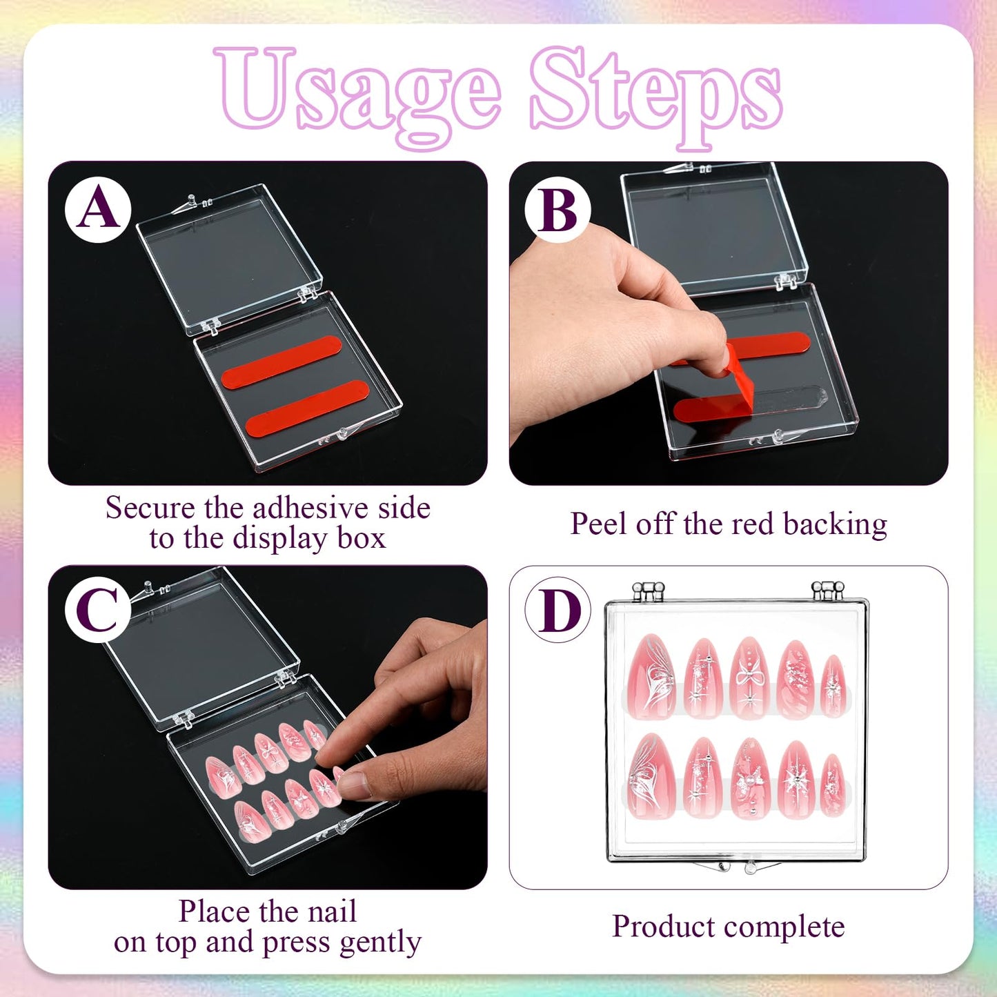 Worldity 50 Sets Nail Packaging for Press Ons, Clear Press on Nail Storage Box with Adhesive Double Sided Tape and Nails Packaging Bag, Artificial Nail Display Case for Nail Salon