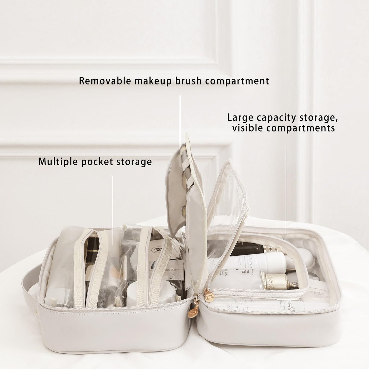 RIGHT AWAY Travel Toiletry Bag for Women,Large Makeup Bag& Cases,Waterproof Cosmetic Organizer Bag with Compartments,Portable Make Up Bag for Travel Size Toiletries,Skincare,Brushes Set,White