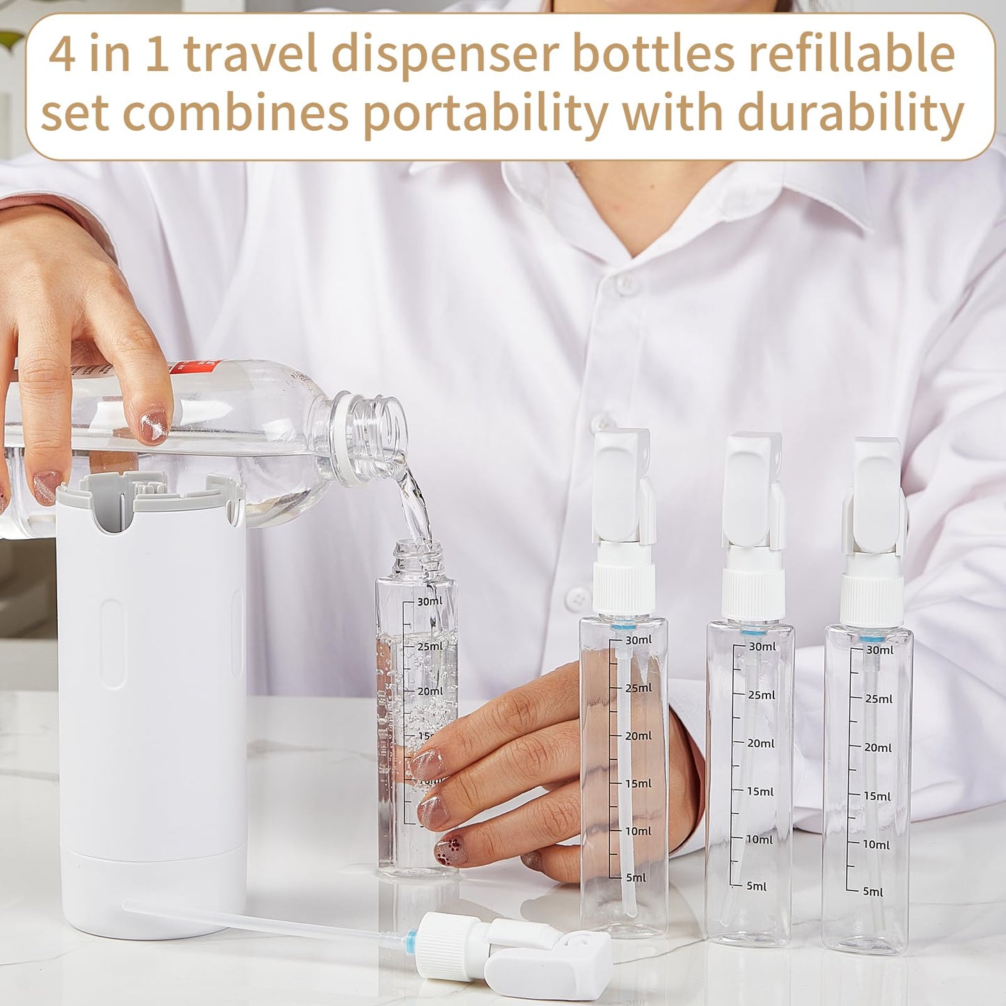 4 in 1 Travel Dispenser Bottle - Refillable Leak Proof and Portable for Shampoo, Conditioner, Shower Gel & Toiletries - Perfect for Vacation, Camping & Gym. (White+Green)