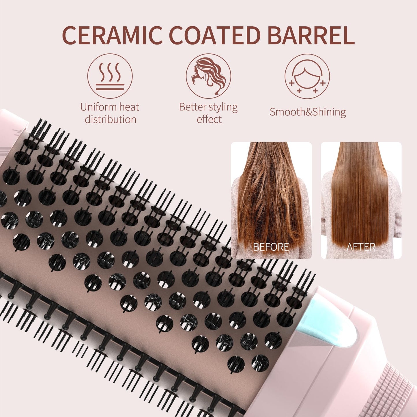 K&K Thermal Brush Heated Round Brush - Blowout Look Volumizer with 1.7 inch Heated Round for Hair Styler Tool Hair Straightener and Curler 2 in 1 Dual Voltage Temperture Contronal (Pink, 1.7 Inch)