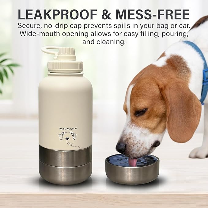 Love Wag & Play Dog Water Bottle Portable – 2 in 1 Stainless Steel Bowl for Food, Water – Leakproof Portable Water Bowl for Dog with Carry Loop – Detachable Design – Ideal for Kibble, Treats – Beige