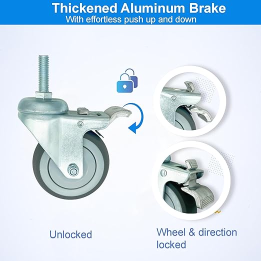 4 inch Swivel Caster Wheels Heavy Duty with Aluminum Brake, 1/2" x13-1-1/2 Threaded Stem Casters Set of 4, TPR Rubber Wheels for Hospital, Lab, Furnitures,Restaurant