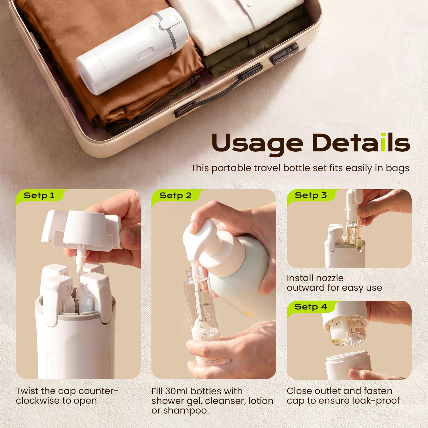 4 in 1 Travel Dispenser Bottle, 4 Pack 30ML Travel Bottles for Toiletries, Leak Proof Refillable Toiletry Containers Portable for Travel, Camping and Gym (White)