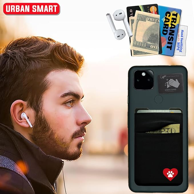 Gecko Travel Tech Double Pocket - Adhesive Card Holder - Cell Phone Pouch - Stick on Spandex Pocket - Carry Credit Cards and Cash - DOG HEART