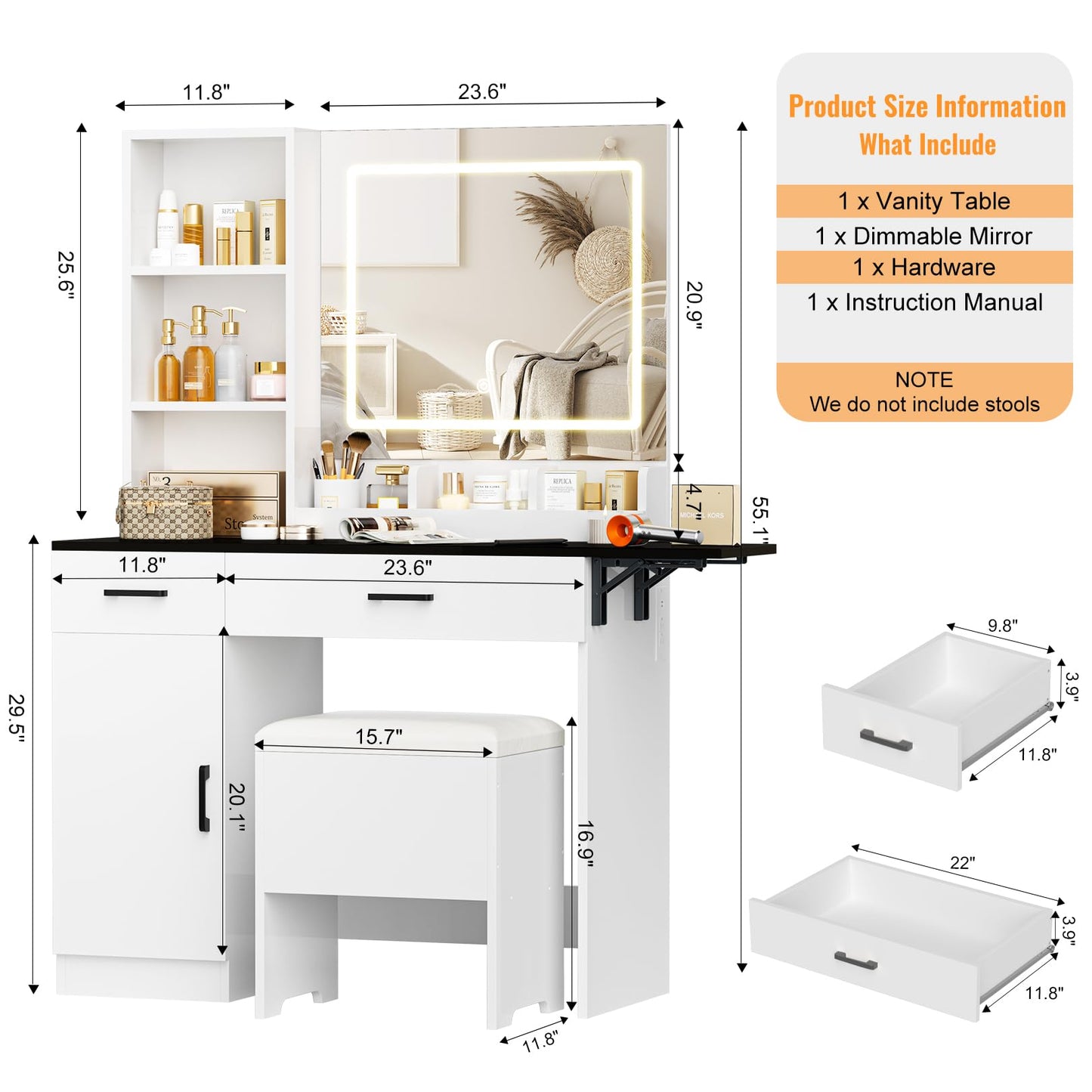 NUNU LAB Vanity Desk with Mirror and Lights with 6 Drawers and 4 Cabinets, Big Women Makeup Table with Power Outlet, 3-Color Adjustable Lighting for Bedroom Brown (Black)