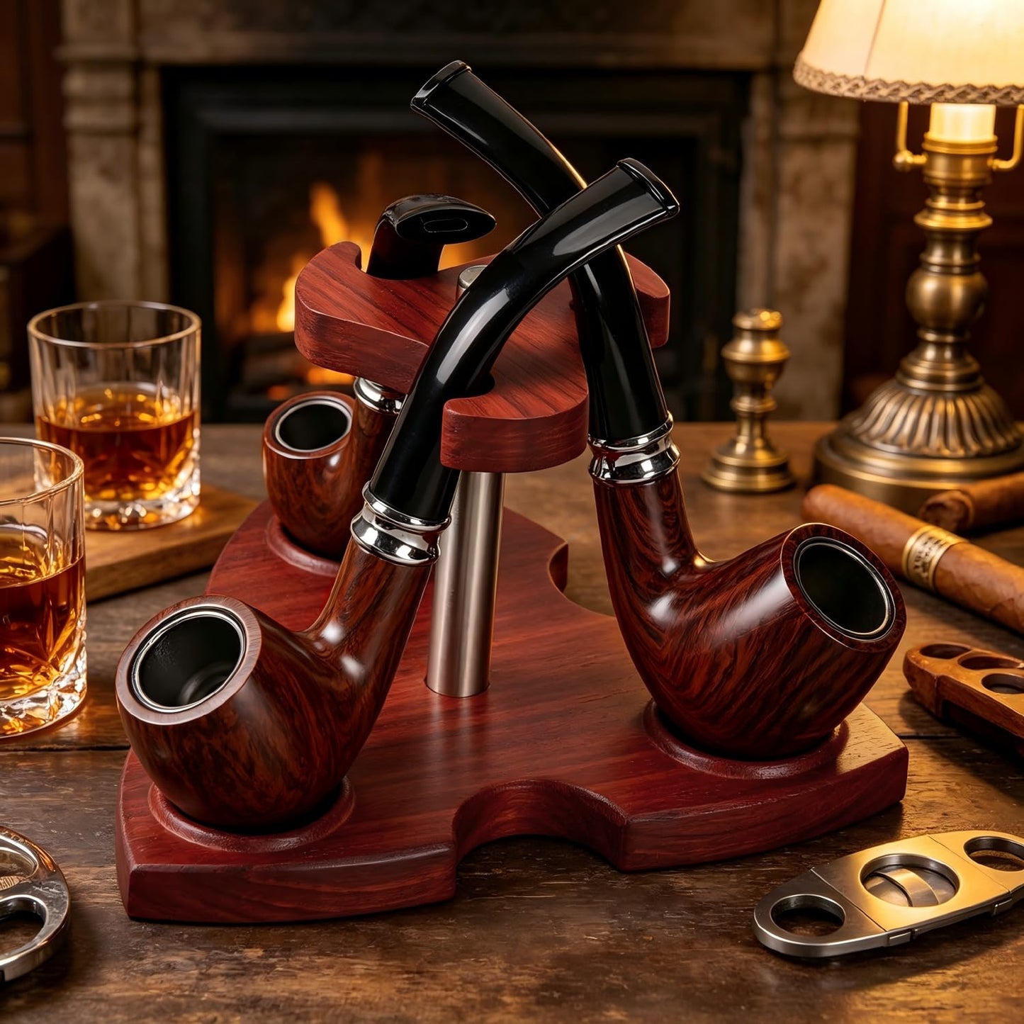 Solid Natural Rosewood Tobacco Smoking Pipe Stand Holder for 3 Pipes, 3 Slots Embossed Circular Slot, Non-Slip Rubber Feet, Easy Tool-Free Assembly, Ergonomic Shape Tabletop Display Rack for Pipe Smoker Collector Storage
