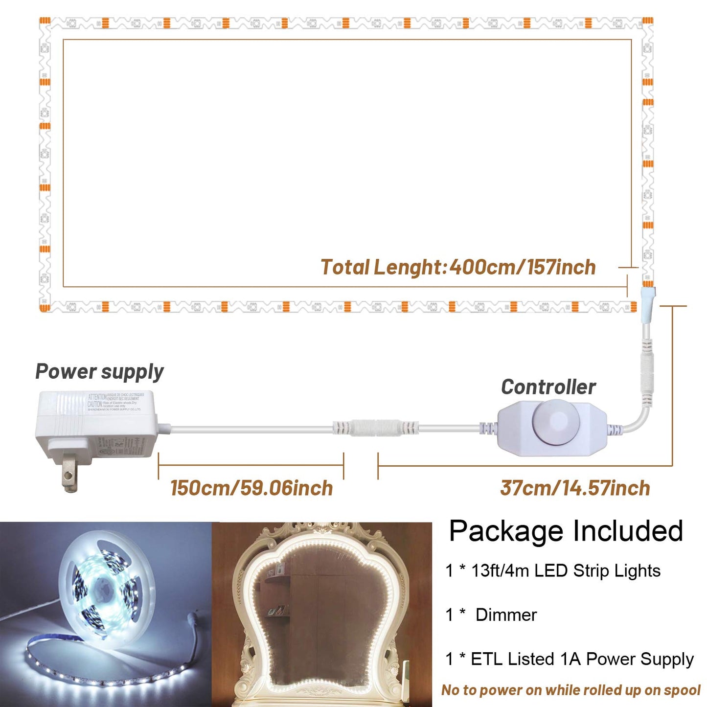 ZOKON 13ft/4M Led Vanity Mirror Lights Kit Bendable NO Need to Cut Vanity Make-up Mirror Cloakroom Adjustable Flexible Strip Light Table Set with Dimmer and Power Supply