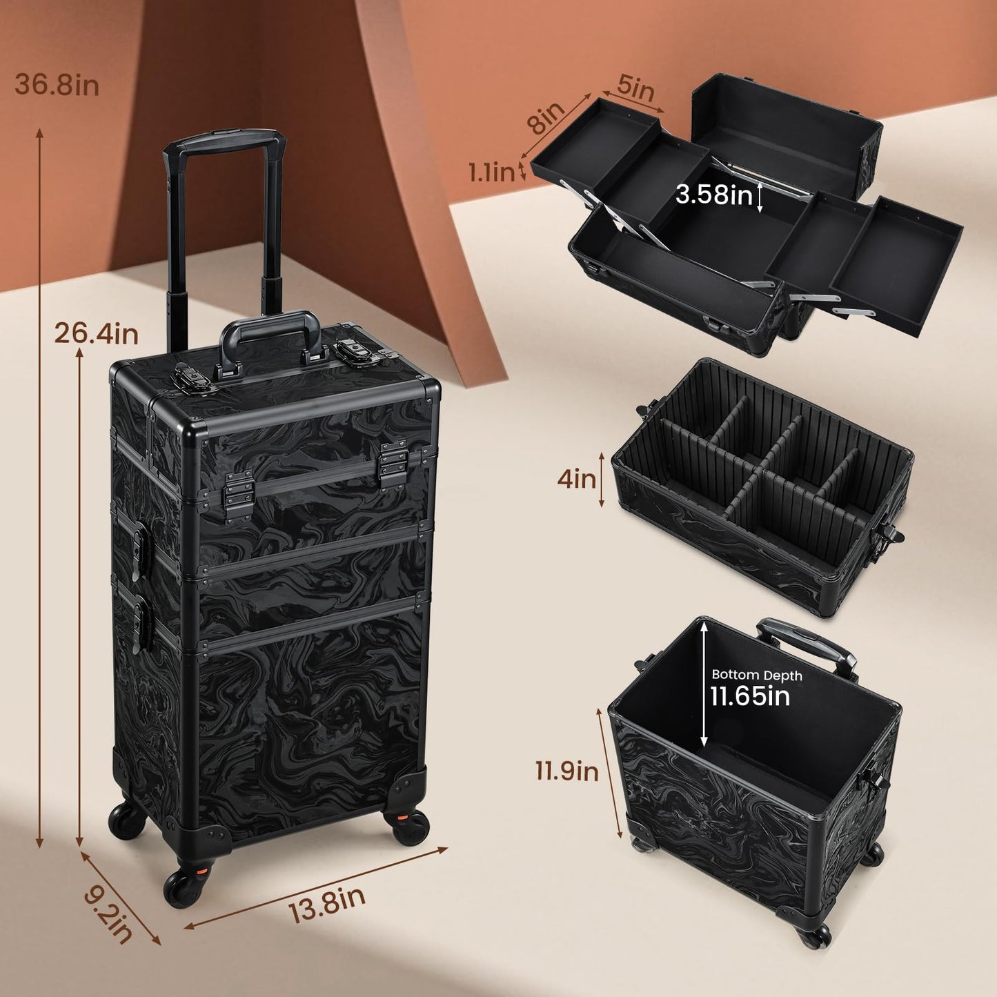 FRENESSA 3 in 1 Rolling Makeup Case Cosmetology Case on Wheels Alpine Black