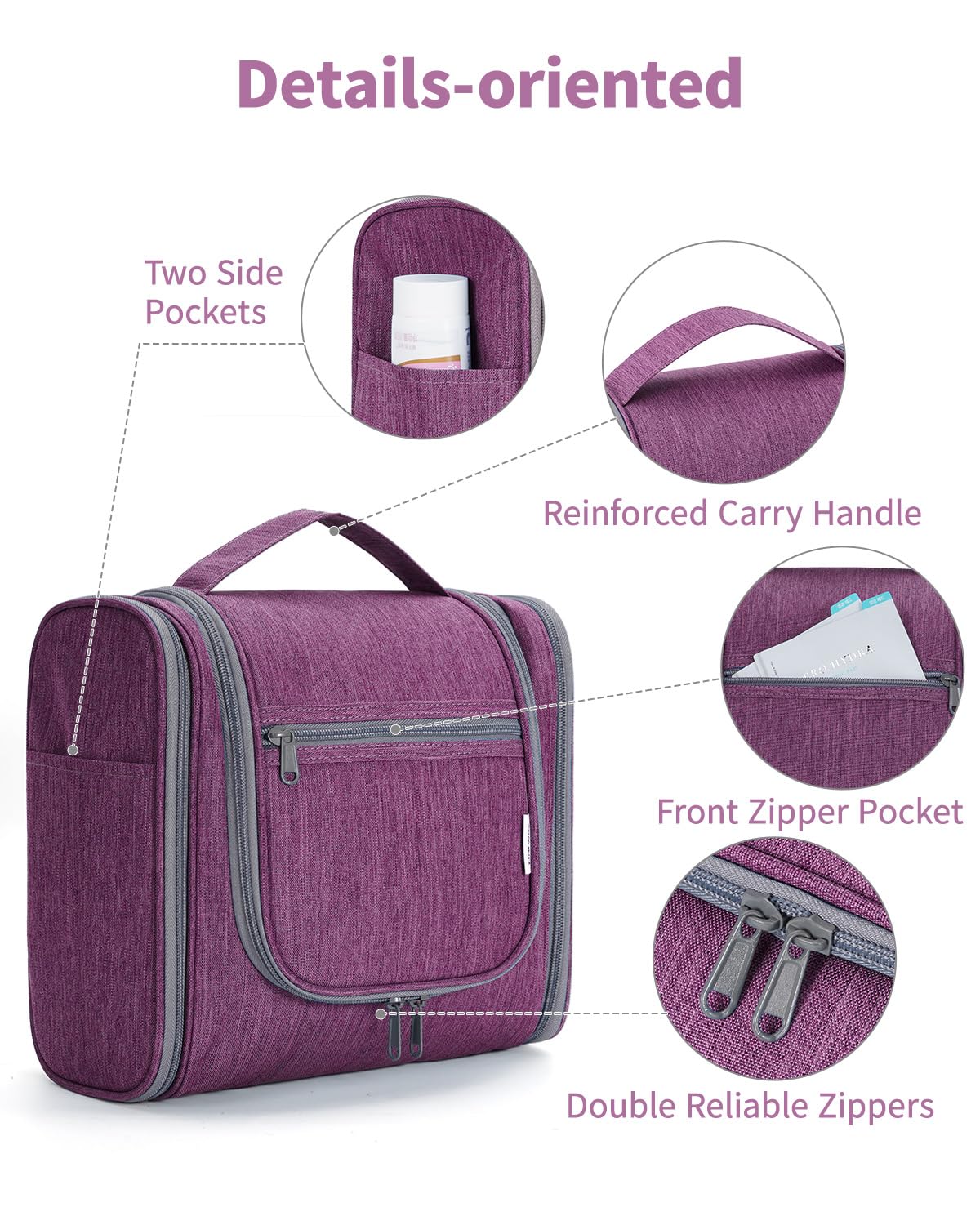 Hanging Toiletry Bag for Women Travel Makeup Bag Organizer Toiletries Bag for Cosmetics Essentials Accessories (Large, Dark Purple)