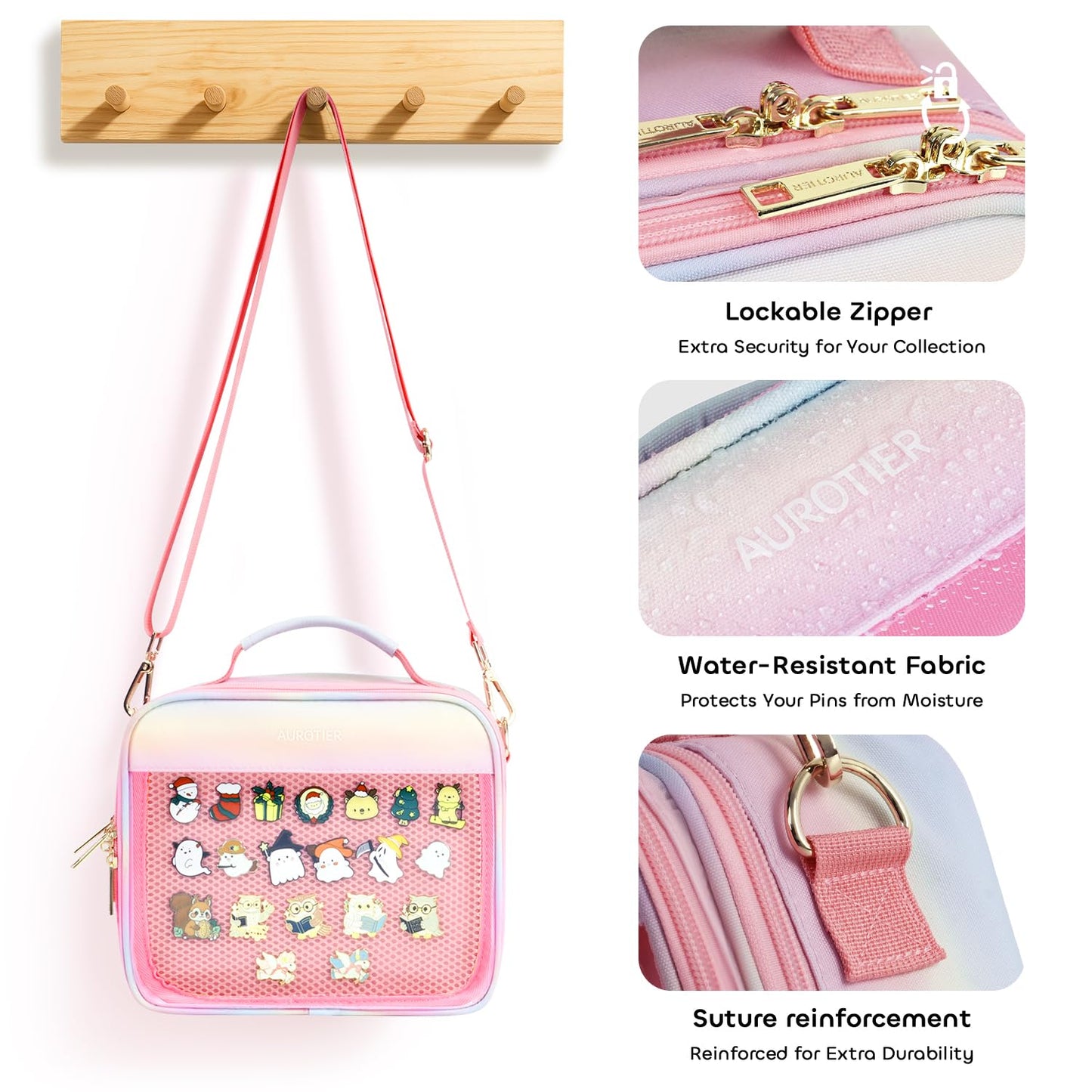 AUROTIER Enamel Pin Display Bag, 12 Page Pin and Patch Trading Collection Book, Pin Display Board Case for Storing Enamel Pins, Earrings, Brooches, Patch and Sports Medals, Pin Crossbody Bag