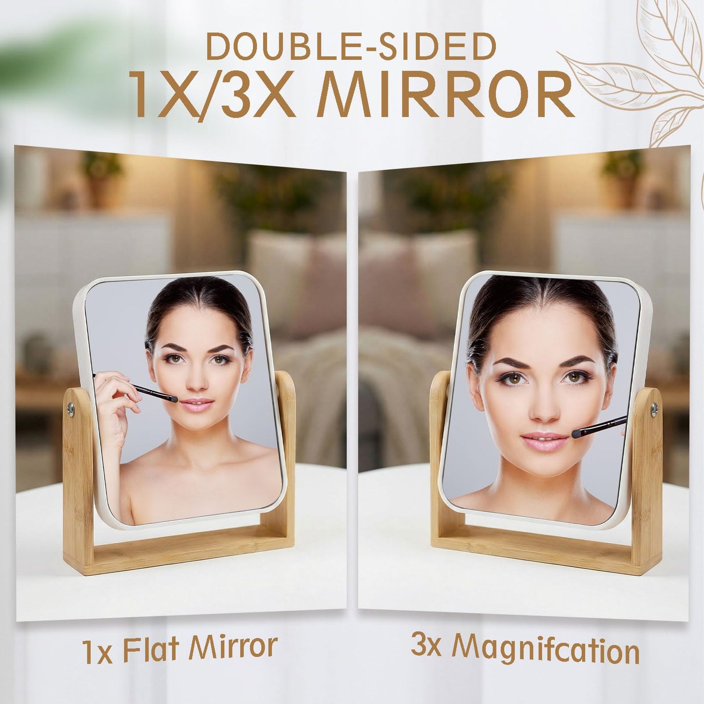 Novabright 4 Pack Desk Vanity Mirror, Double Sided 1X/ 3X Magnifying Makeup Mirror with Natural Bamboo Stand, 360° Swivel for Table, Desk, Countertop Bathroom Bedroom