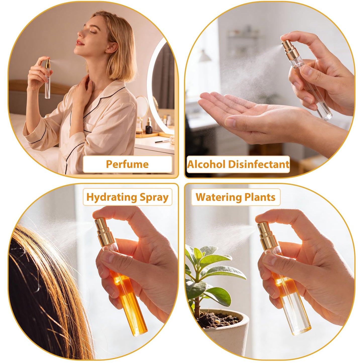 AOZUO 50 Pcs 10ml/0.34oz Mini Perfume Bottles Set Includes 2 Funnels and 2 Dispensers, Refillable Glass Spray Bottles Portable Travel Empty Sample Containers Fine Mist Atomizers with Caps, Gold