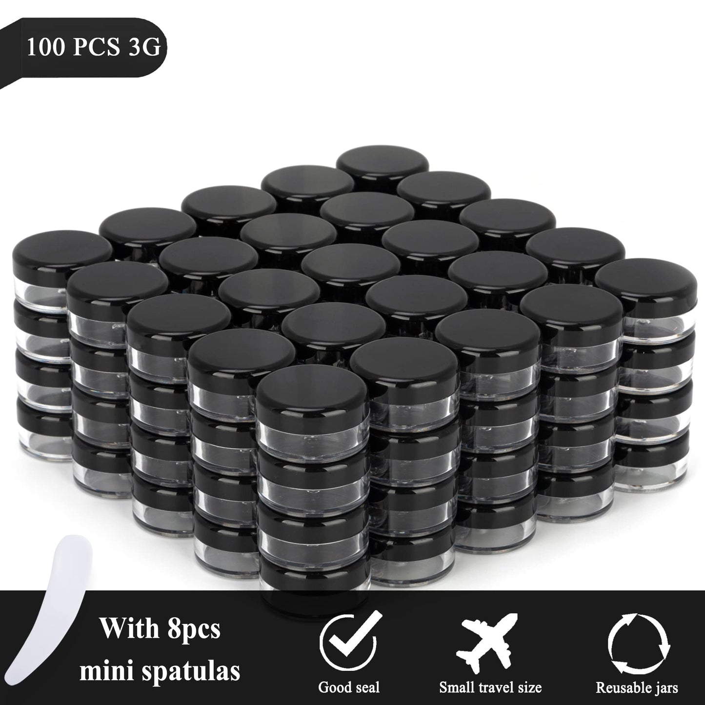 100PCS 3 Gram Sample Containers, 3ml Empty Jars with Lids, Small Cosmetic Containers, Mini Sample Jars with 8PCS Mini Spatulas for Make Up, Oils, Lotion, Powder, Paint, Jewelry, Lip Balms(Black Lid)