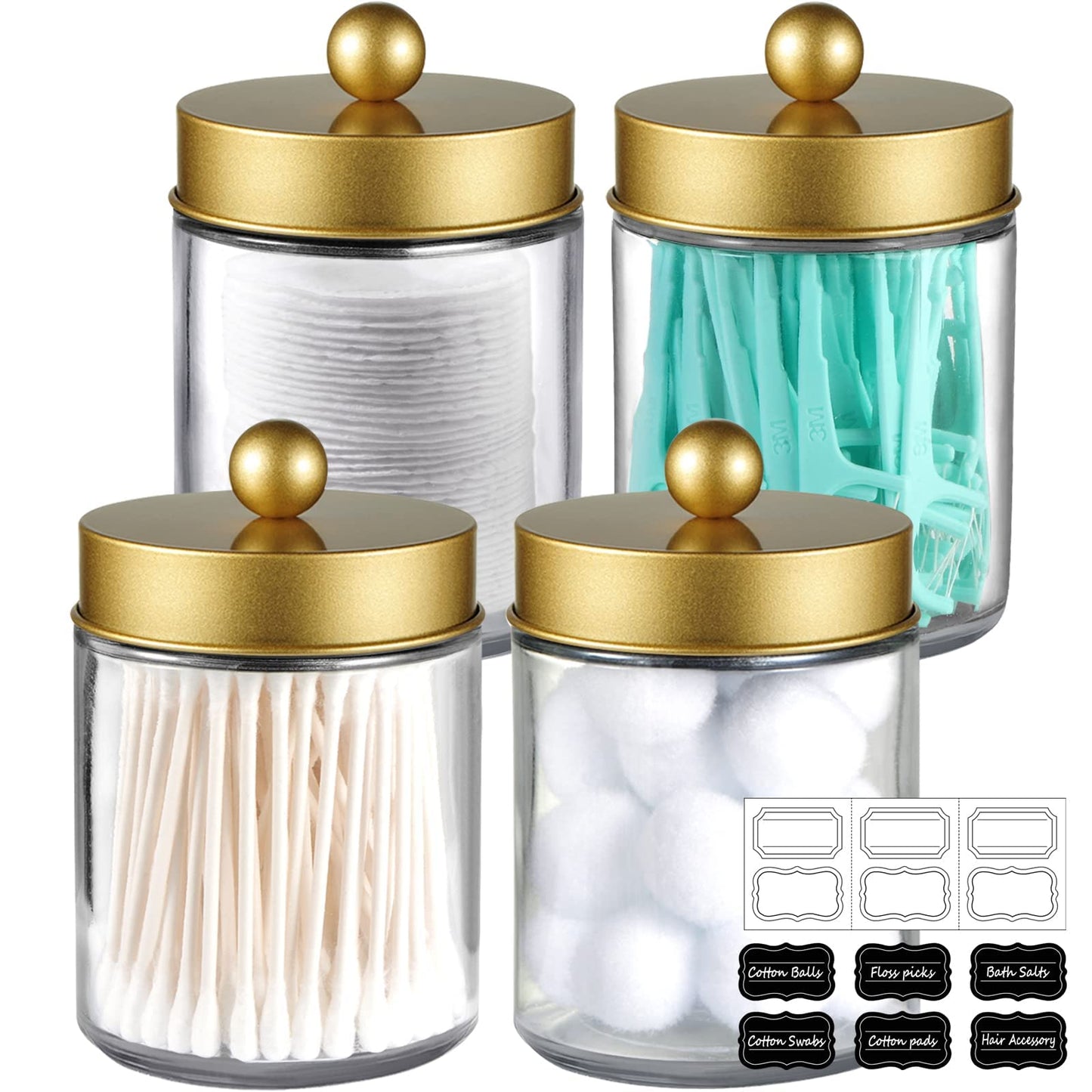 Amolliar 4 Pc Glass Apothecary Jars - Countertop Qtip Dispenser Holder with Stainless Steel Lids &Cute Stickers -Bathroom Vanity Storage Organizer Set for Qtips,Cotton Swabs,Makeup Sponges(Gold)