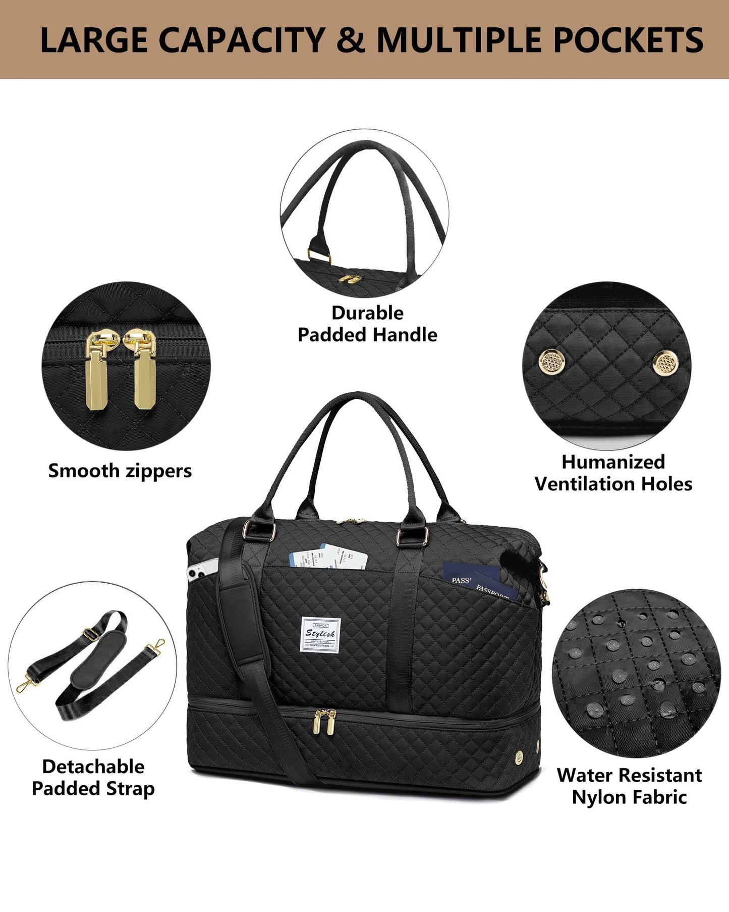 Womens Weekender Travel Overnight Bag: Carry On Bag with Shoe Compartment